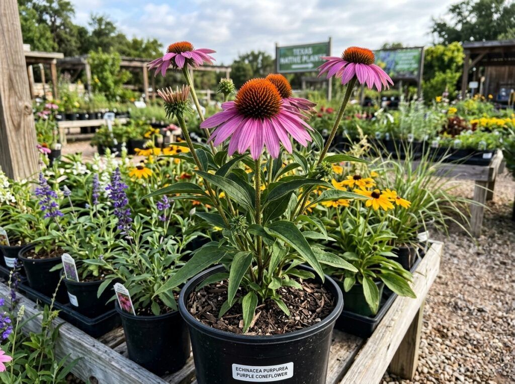Purple Coneflower perennial with purple petals and prominent orange cone blooms in a garden close-up.