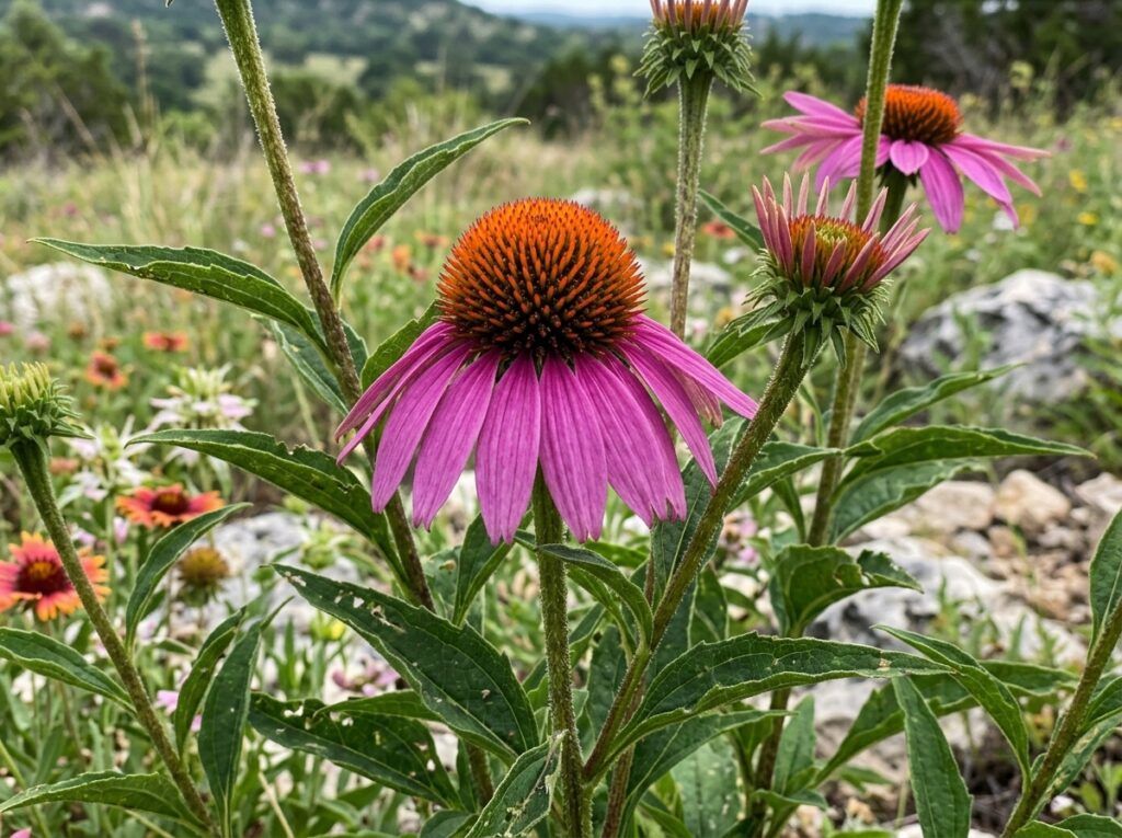 Purple Coneflower perennial with pink-purple daisy flowers and orange cone centers in bloom.