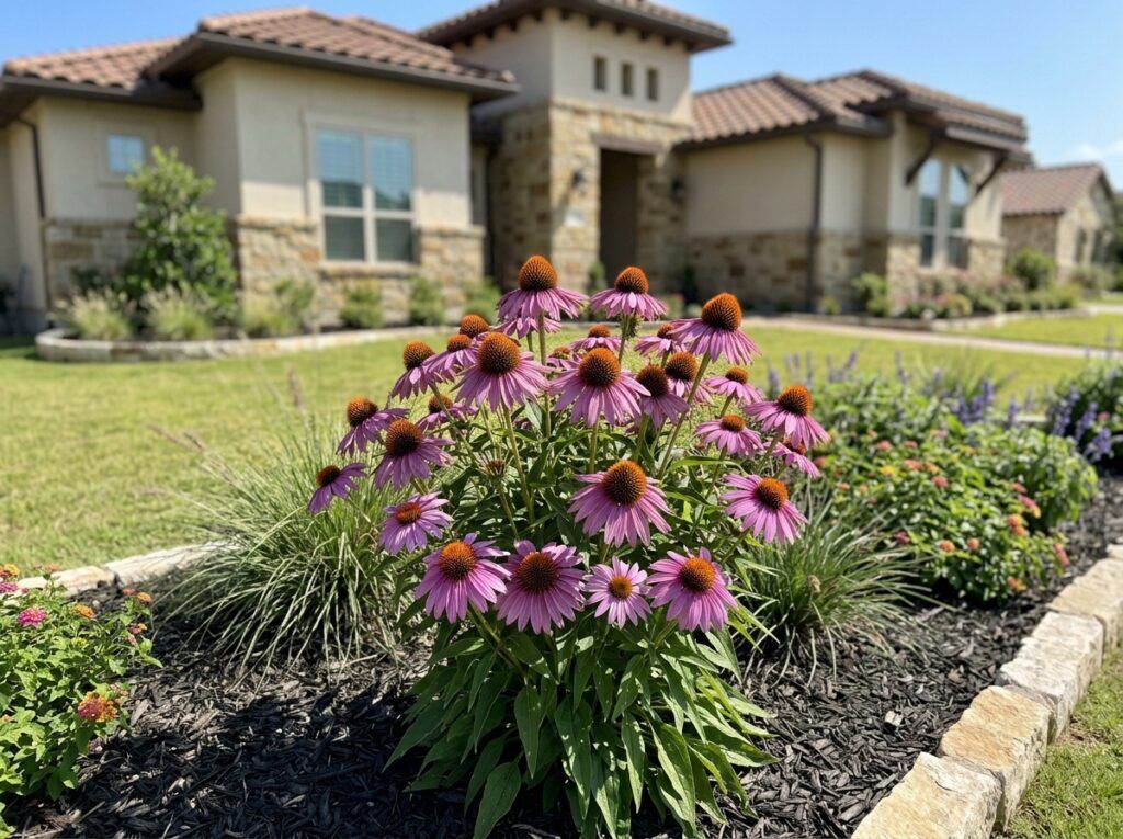 Purple Coneflower perennial with pink-purple daisy-like blooms and orange cone centers in close-up.