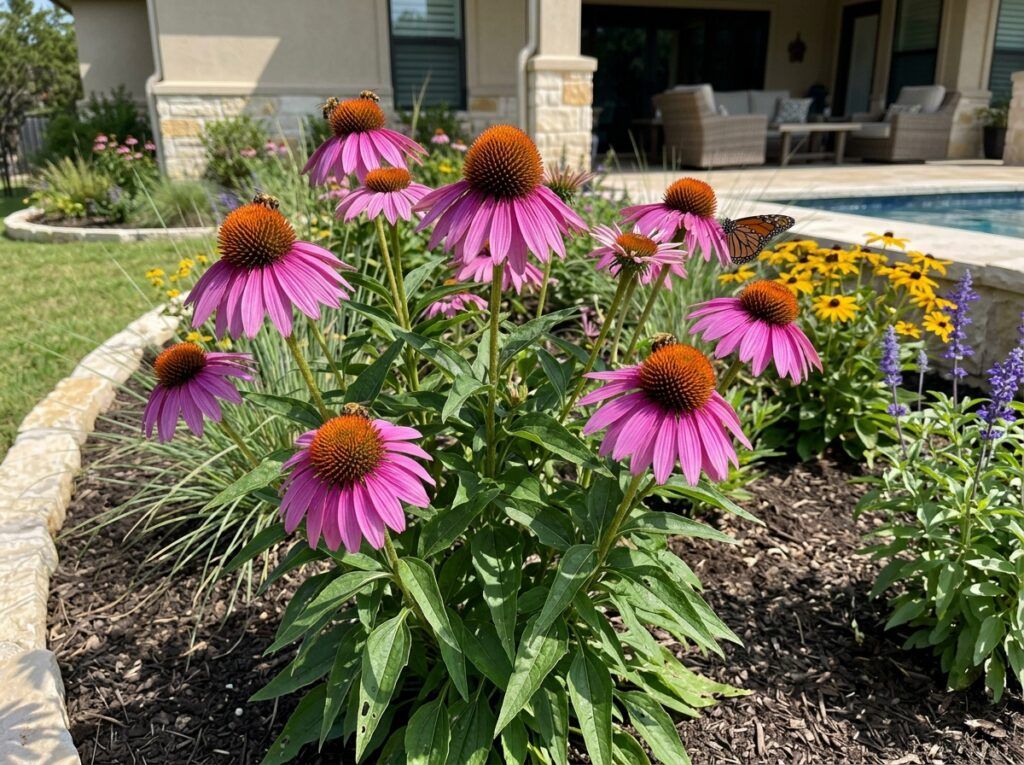Purple Coneflower with pink-purple daisy-like blooms and orange cone centers above green foliage.