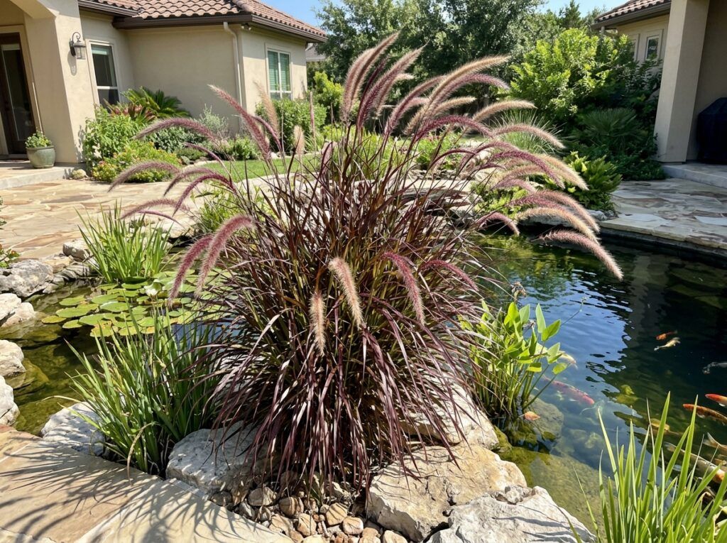 Purple Fountain Grass with arching burgundy foliage and fluffy pink plumes in landscape planting.