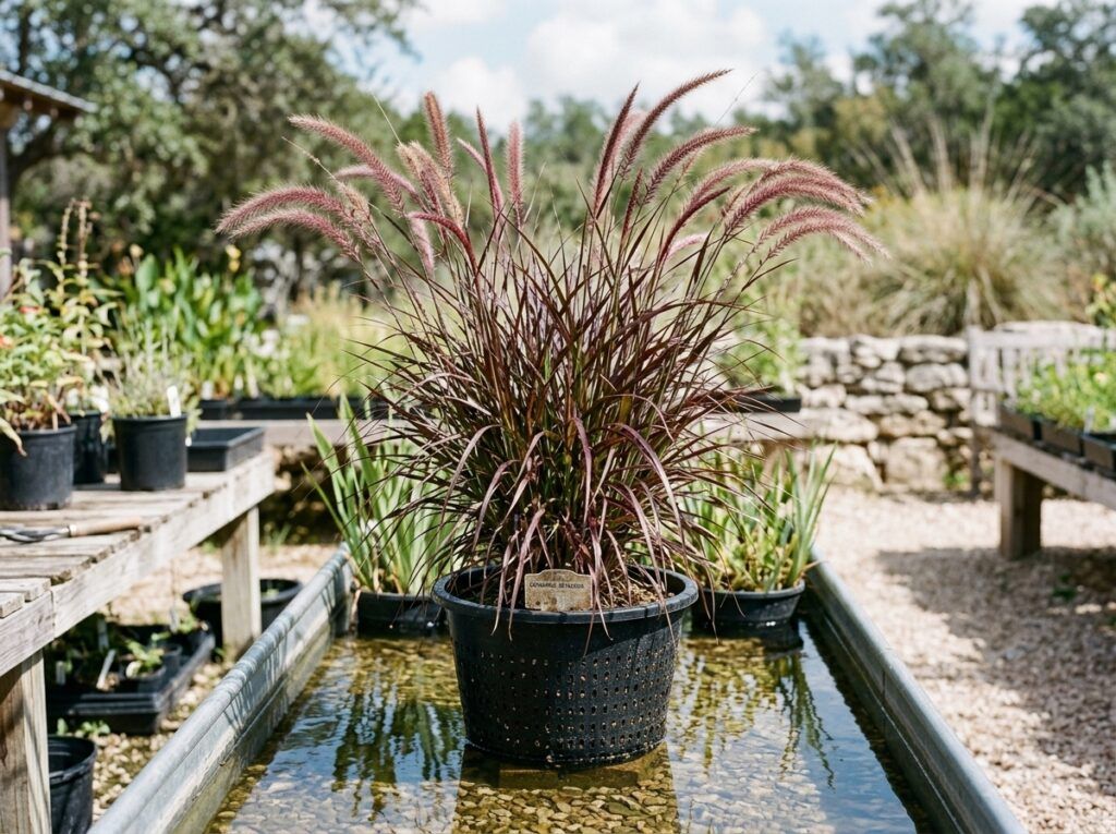 Purple Fountain Grass ornamental grass with arching burgundy leaves and fluffy purple flower plumes.