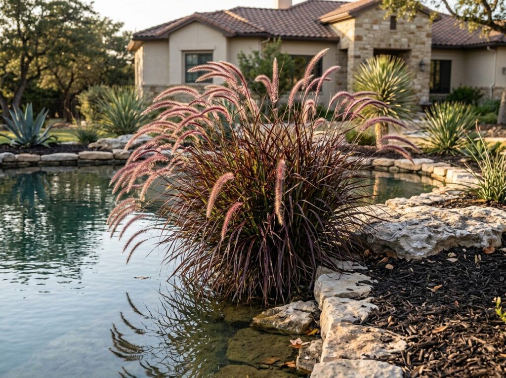 Purple Fountain Grass ornamental grass in black nursery pot, arching burgundy blades and feathery plumes.