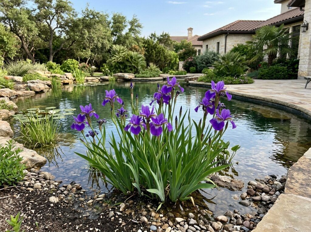 Purple Iris perennial with vibrant purple blooms and upright green leaves in a pot.