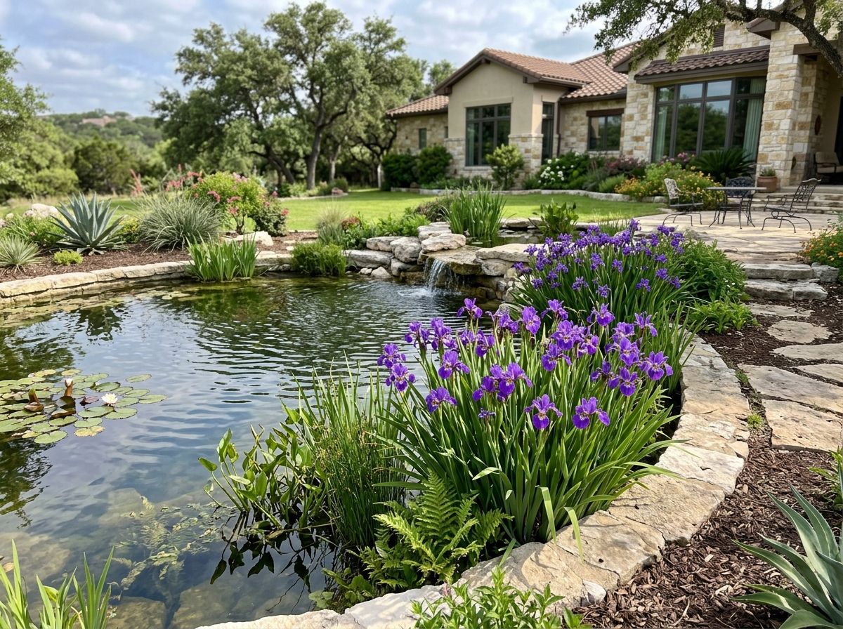 Purple Iris perennial with tall green leaves and vivid purple blooms in a garden bed.