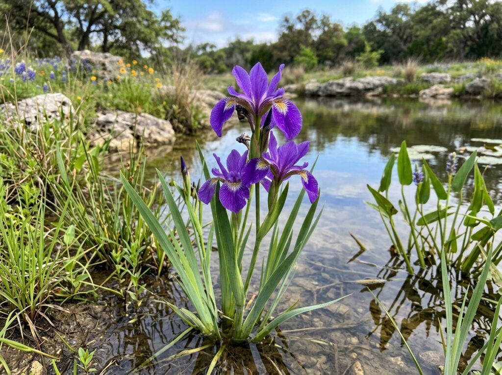 Purple Iris perennial with vibrant purple blooms and green sword-like leaves in a garden bed.