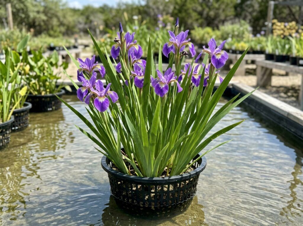 Purple Iris perennial with vivid purple blooms and green sword-like leaves in a garden bed.