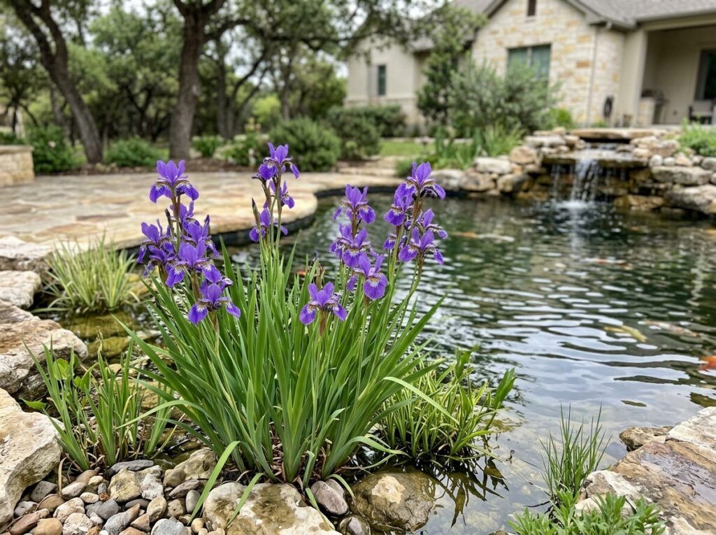 Purple Iris perennial with deep purple flowers and upright green leaves.