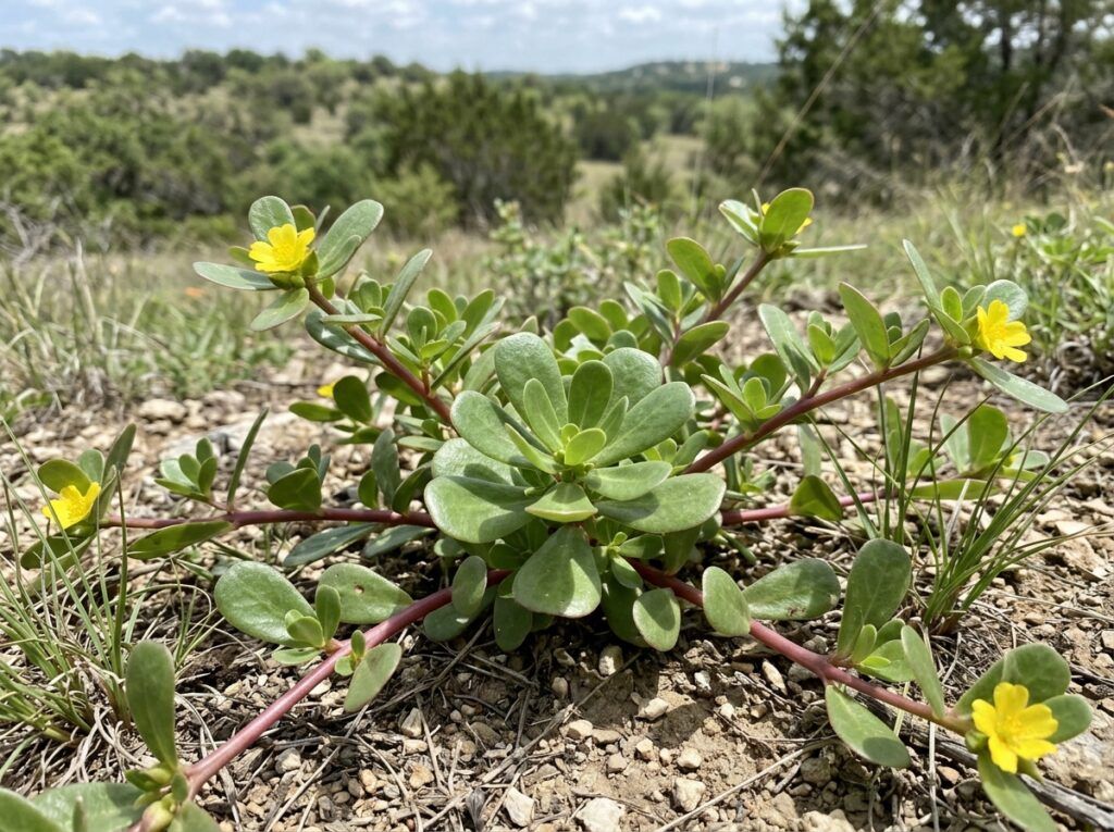 Purslane groundcover with fleshy green leaves and small yellow blooms in a container.