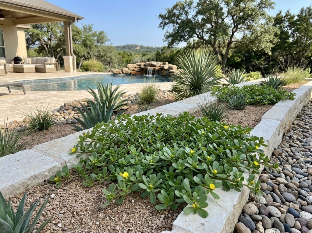 Purslane groundcover with fleshy green leaves and small yellow flowers spreading low.
