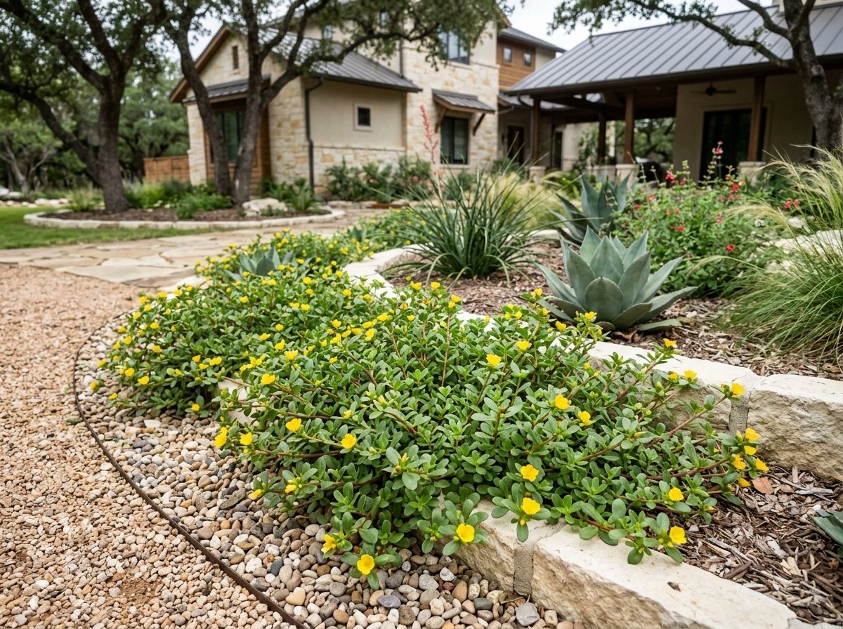 Purslane groundcover with trailing succulent green leaves and small yellow flowers spreading across soil.