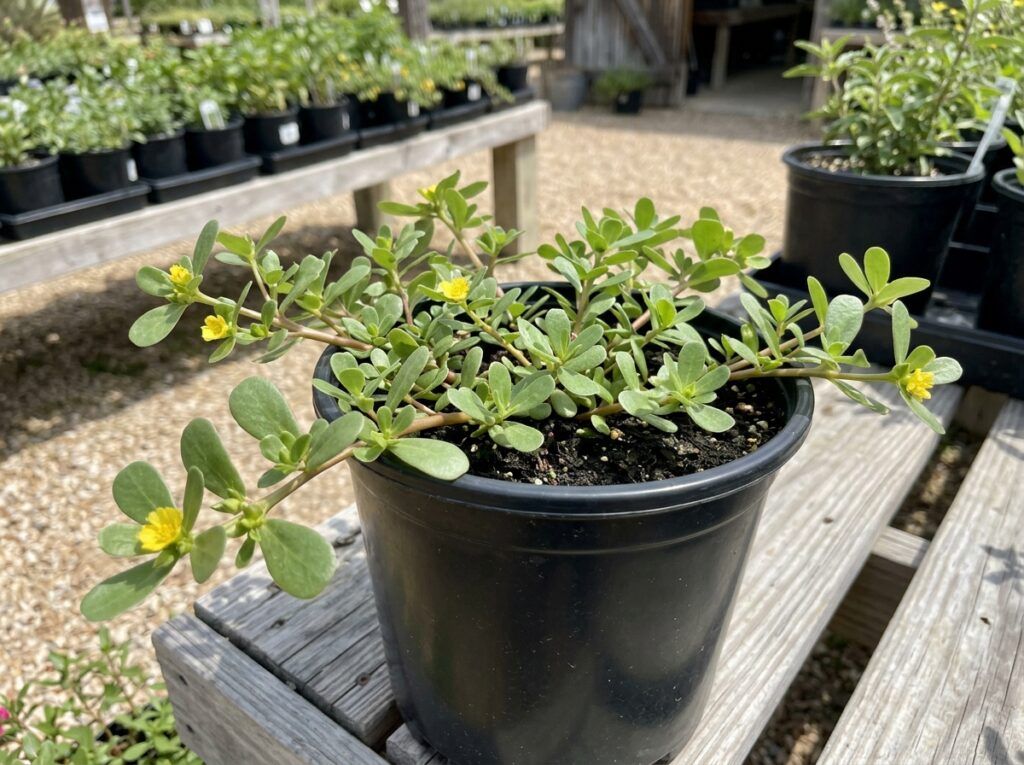 Purslane groundcover with trailing succulent green stems and fleshy leaves in a nursery container.