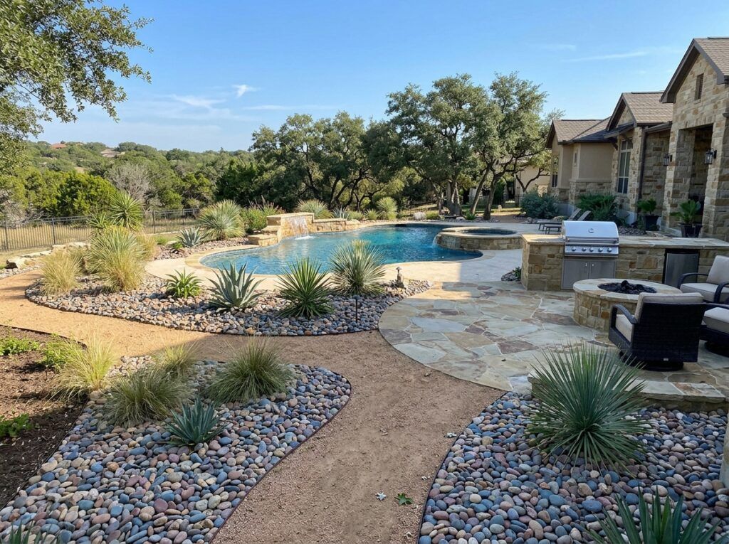 Rainbow River Rock river rock ground cover in a landscaped bed, mixed multicolor smooth stones around plants.