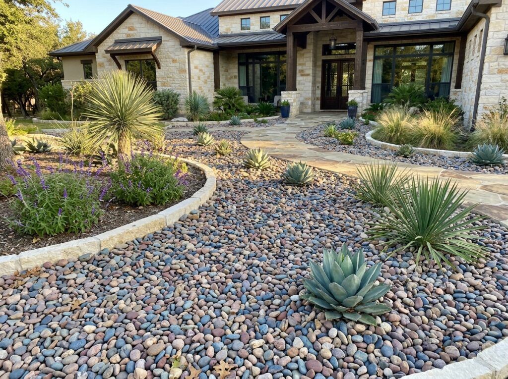 Rainbow River Rock river rock ground cover in mixed colors spread around shrubs in a landscaped bed.
