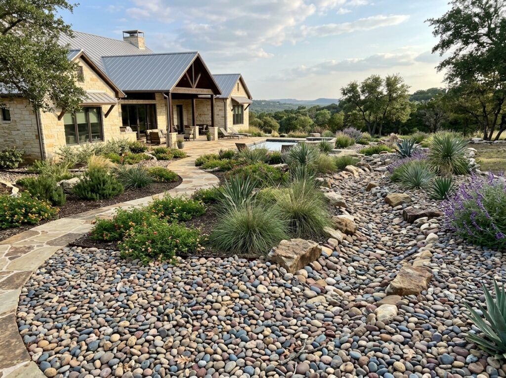 Rainbow River Rock river rock ground cover of smooth multicolored stones spread in a landscaped bed around plants.