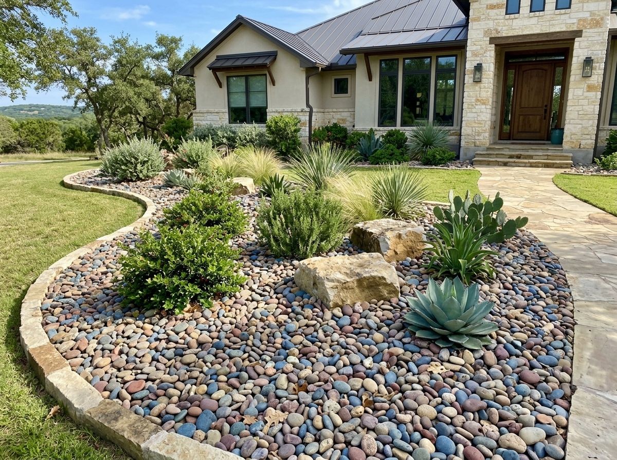 Rainbow River Rock river rock ground cover of smooth multicolored stones spread in a landscape bed.