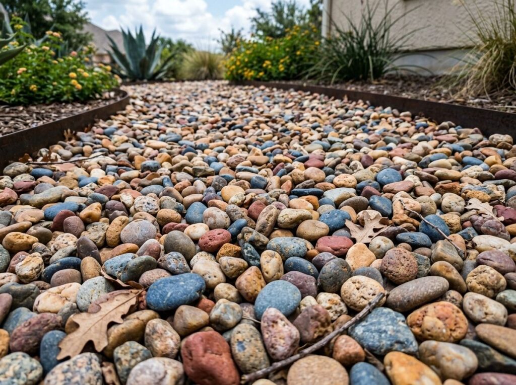 Rainbow River Rock river rock ground cover with smooth multicolored stones piled for landscaping.