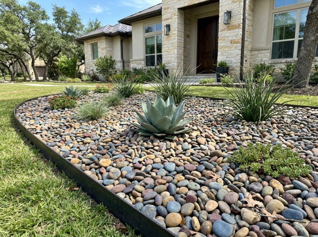 Rainbow River Rock river rock ground cover in mixed red, tan, and gray stones piled for landscaping.