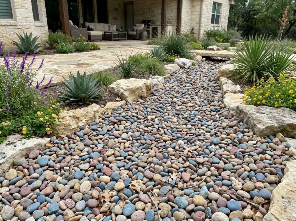 Rainbow River Rock river rock ground cover with smooth multicolored stones piled for landscaping.