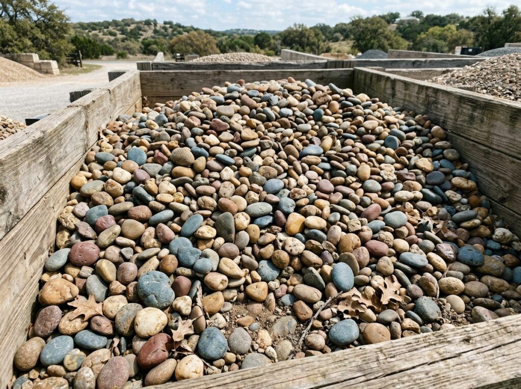 Rainbow River Rock river rock ground cover with smooth multicolored stones spread for landscaping.