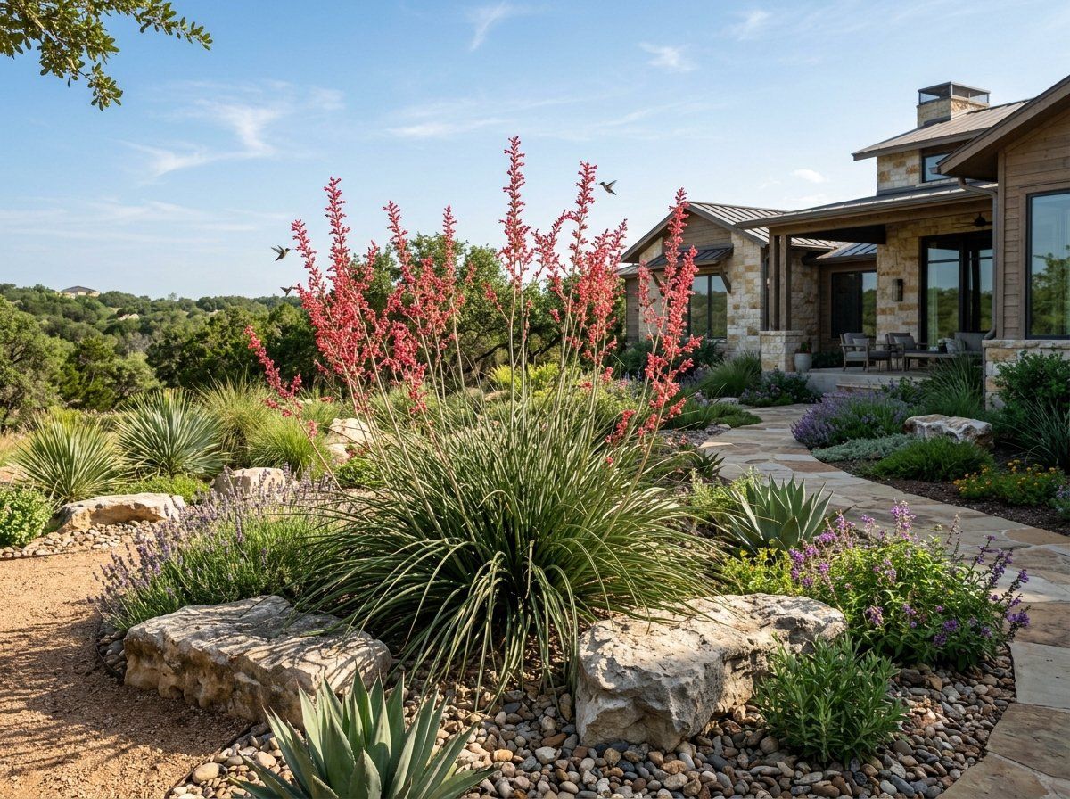 Red Yucca perennial with arching green leaves and tall red flower spikes in a landscaped bed.