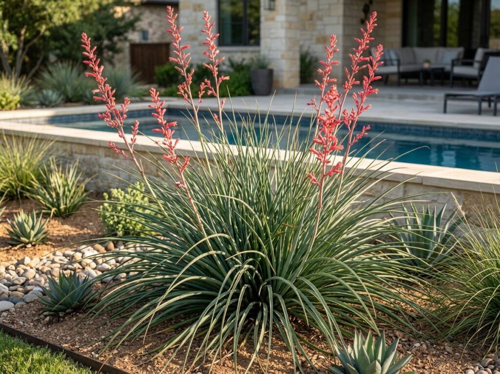 Red Yucca perennial with arching blue-green, swordlike leaves in a container on white background.