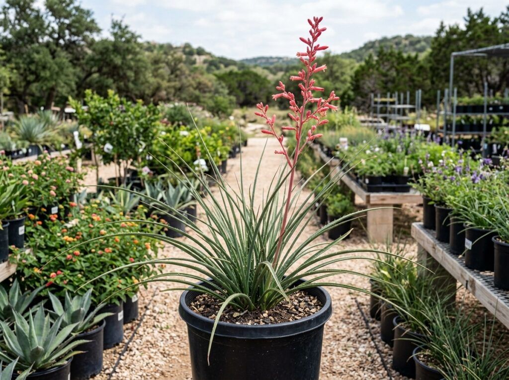Red Yucca perennial with arching blue-green leaves and tall red flower spikes in landscape.