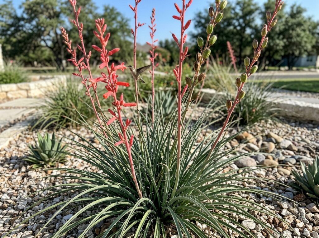 Red Yucca perennial with arching green leaves in a nursery container on a white background.