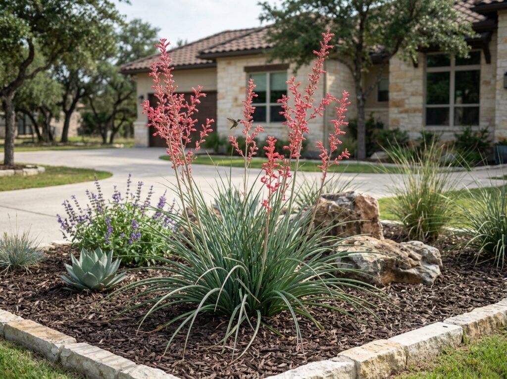 Red Yucca perennial with spiky arching green leaves and tall pink flower spikes growing in a landscape bed