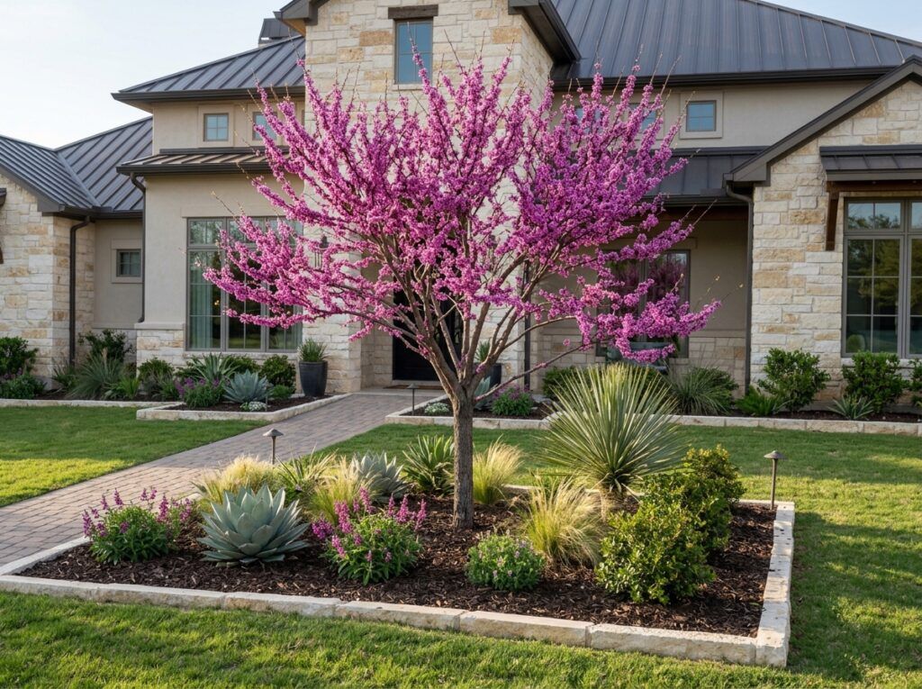 Redbud Tree in a black nursery pot, showing dense green, heart-shaped leaves on branching stems.