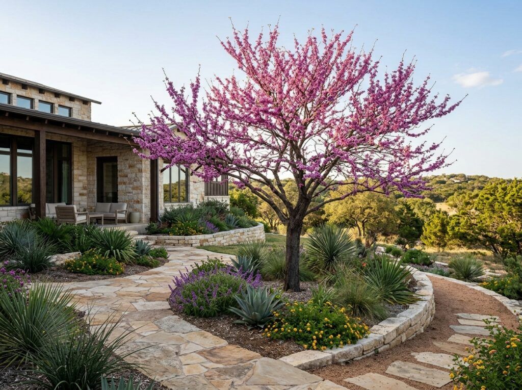 Redbud tree in full pink bloom with heart-shaped green leaves against a softly blurred garden background.