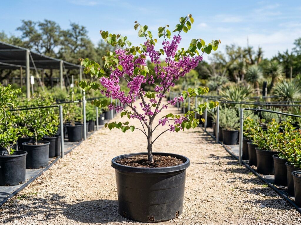 Redbud tree in bloom with pink flowers and heart-shaped leaves, shown as a young container plant.