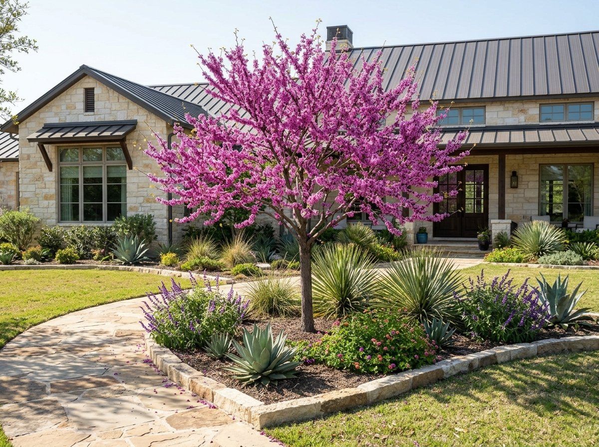 Redbud Tree with pink spring blooms and heart-shaped foliage growing in a landscaped garden bed.