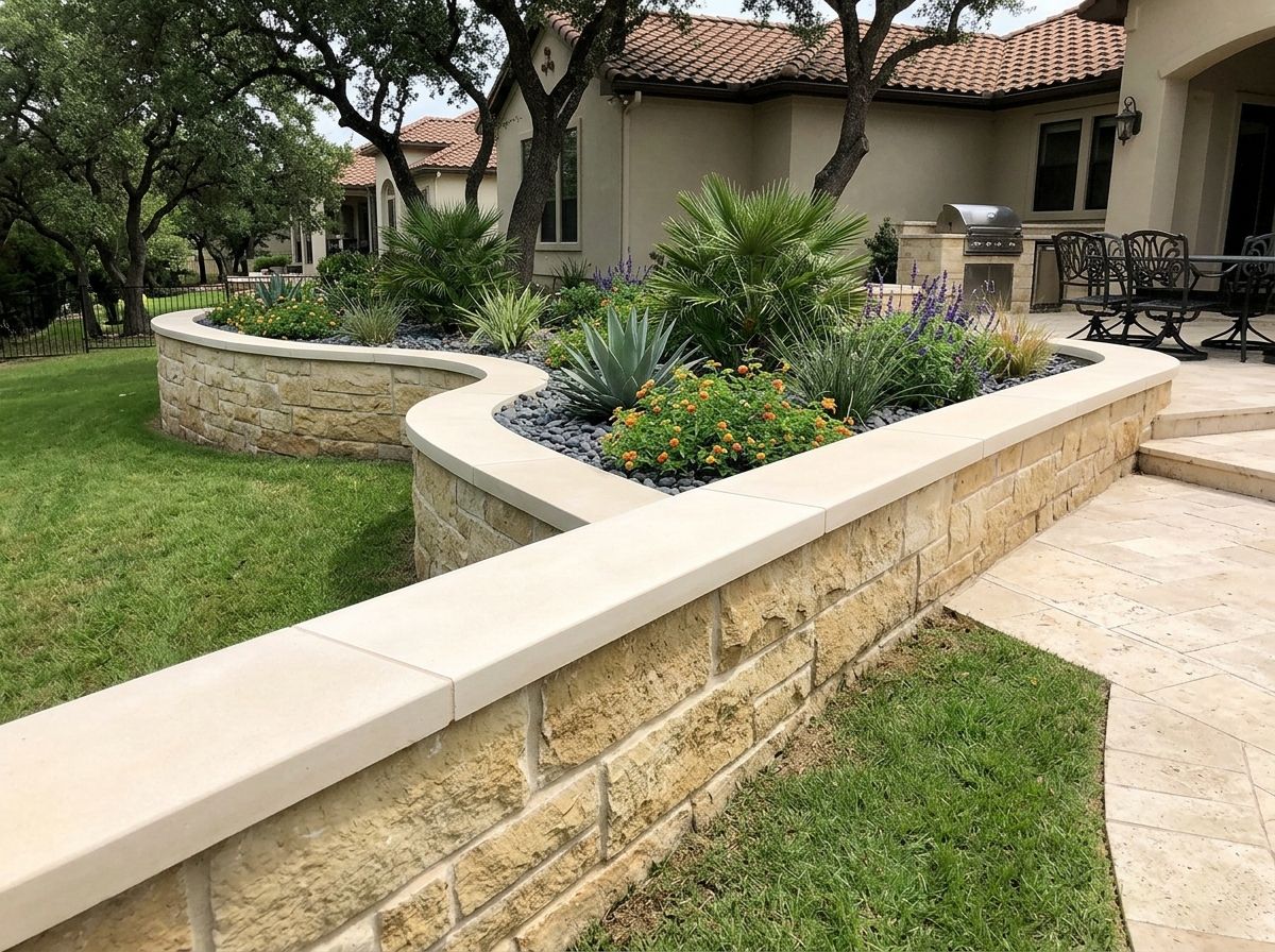 Retaining Wall Caps & Coping on a concrete block retaining wall, smooth gray capstones set flush along the top.