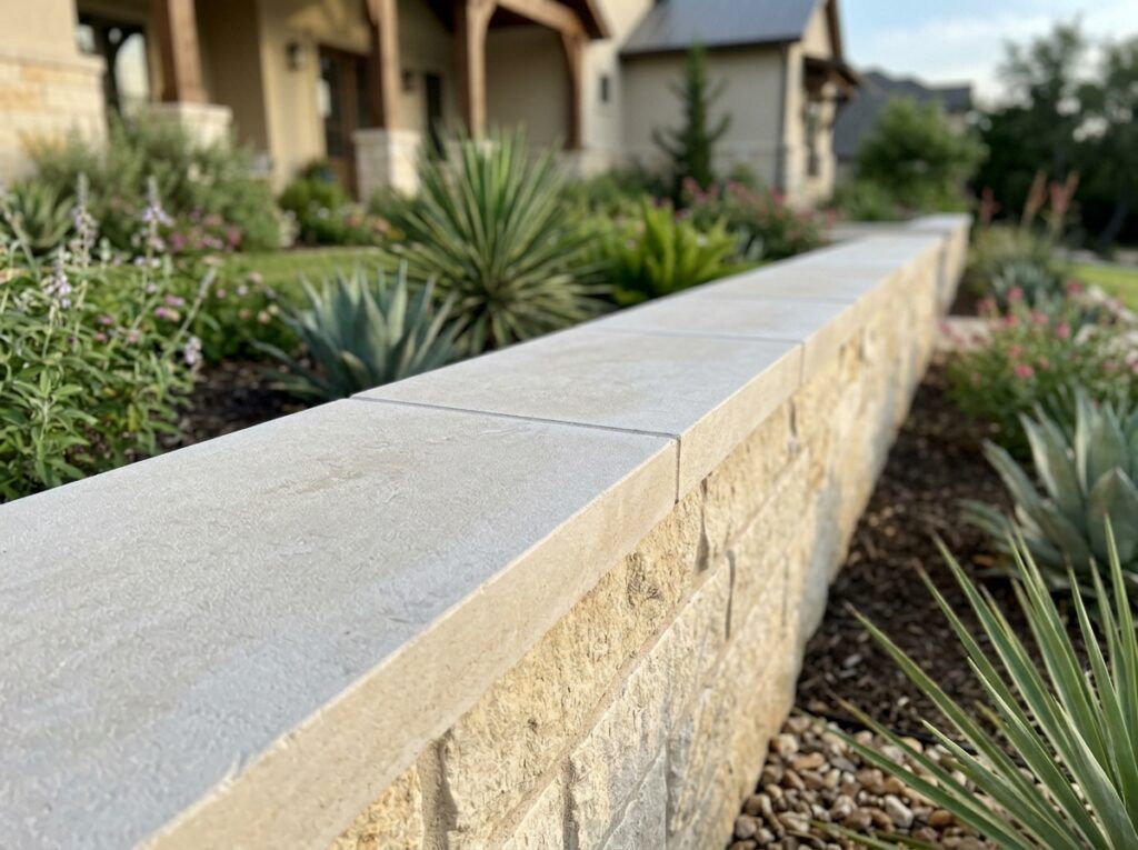 Retaining Wall Caps & Coping retaining wall with smooth concrete cap blocks placed atop stacked block course.