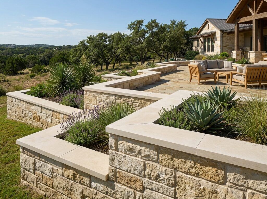 Retaining Wall Caps & Coping retaining wall, smooth concrete cap stones set atop stacked block wall.