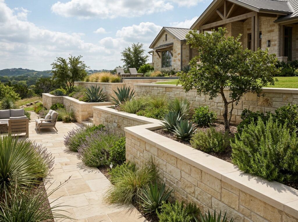 Retaining Wall Caps & Coping retaining wall with smooth concrete caps set atop stacked concrete block courses.