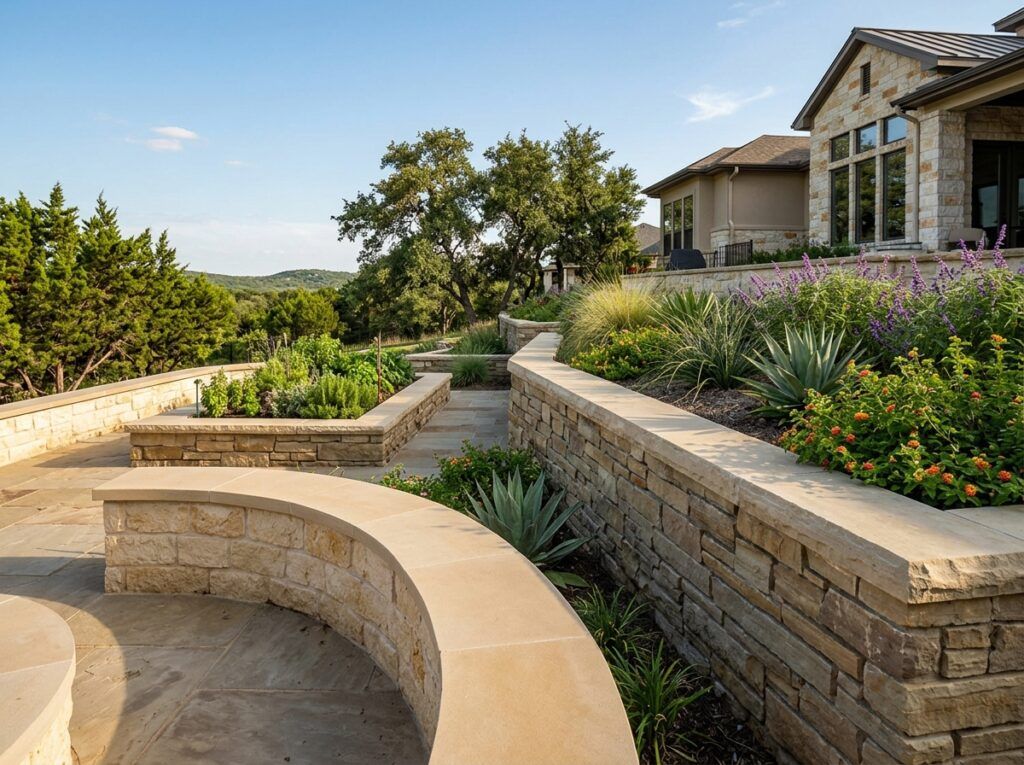 Retaining Wall Caps & Coping retaining wall with smooth concrete caps set atop stacked block courses.