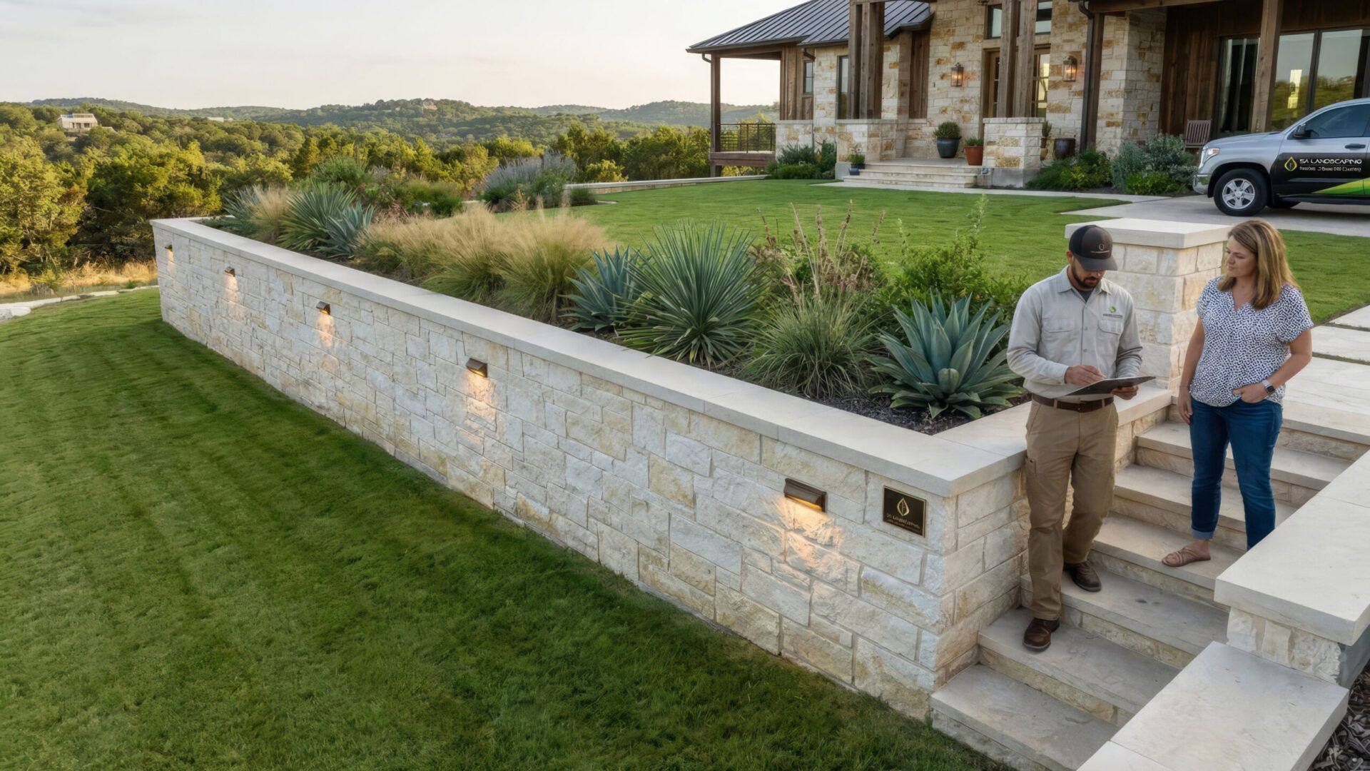 Completed retaining wall with capstones and restored landscape walkway in customer backyard