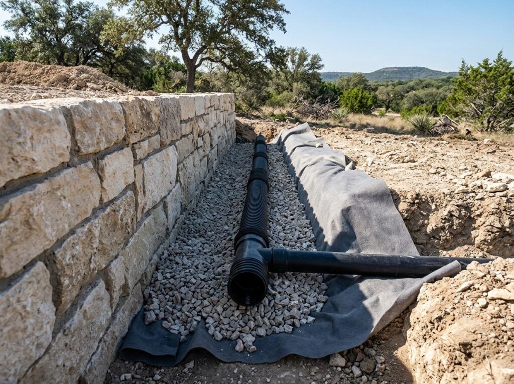 Retaining Wall Drainage System retaining wall drain pipe set in gravel behind modular concrete blocks.
