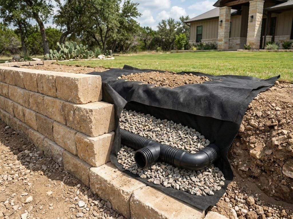 Retaining Wall Drainage System retaining wall with black perforated drain pipe set in gravel behind concrete blocks.