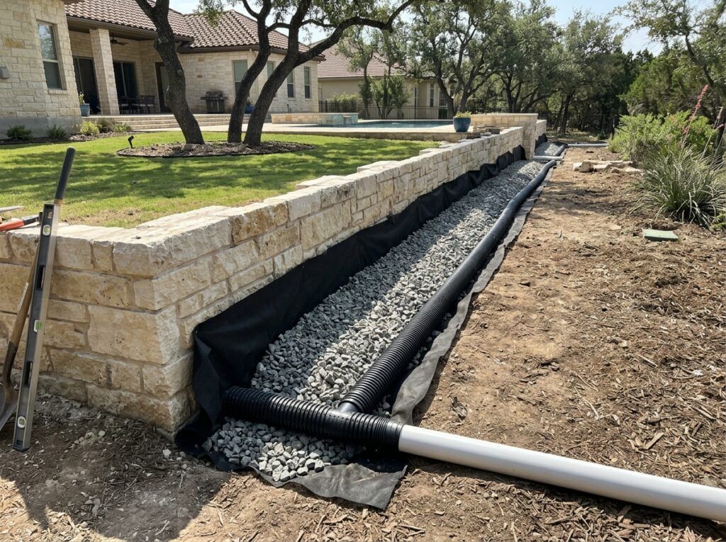 Retaining Wall Drainage System retaining wall with perforated black drain pipe set in gravel behind stacked concrete blocks.