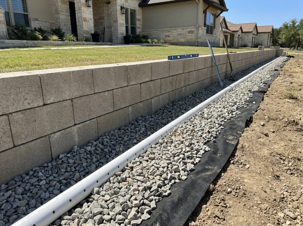 Retaining Wall Drainage System retaining wall with perforated drain pipe set in gravel behind a concrete block wall.