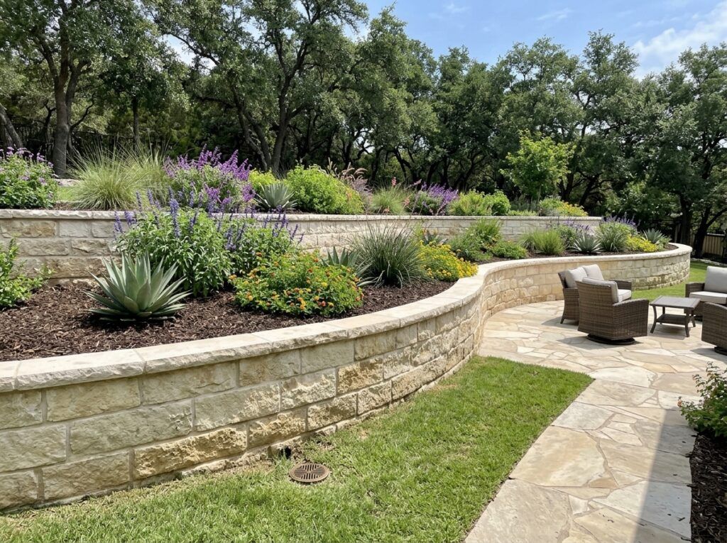 Retaining Wall Drainage System retaining wall with perforated pipe and gravel backfill behind stacked concrete blocks.