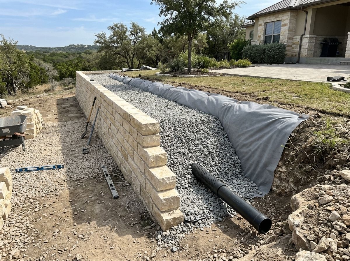 Retaining Wall Drainage System retaining wall detail with perforated pipe and gravel backfill behind concrete blocks.