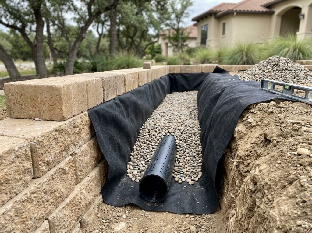 Retaining Wall Drainage System retaining wall with perforated drain pipe and gravel backfill behind concrete blocks.