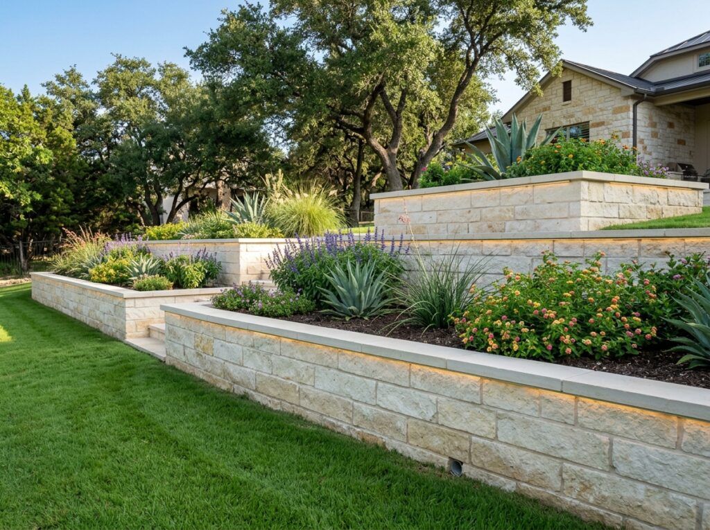 Retaining Wall Drainage System retaining wall with perforated drain pipe set in gravel behind concrete block base.