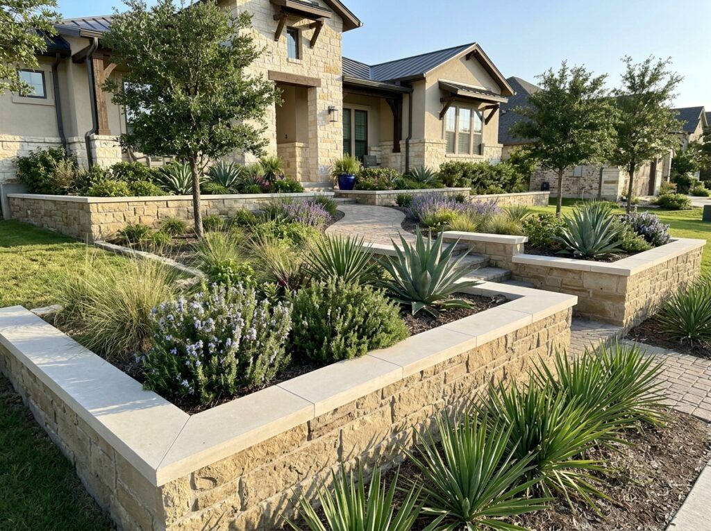 Retaining Wall Caps & Coping retaining wall with smooth concrete caps set atop stacked block courses.