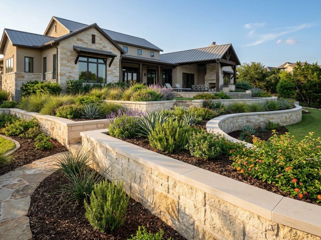 Retaining Wall Caps & Coping retaining wall with smooth concrete caps topping stacked concrete block courses.