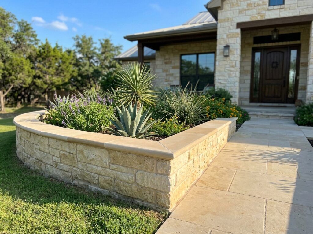Retaining Wall Caps & Coping retaining wall with smooth concrete coping stones set atop stacked block courses.